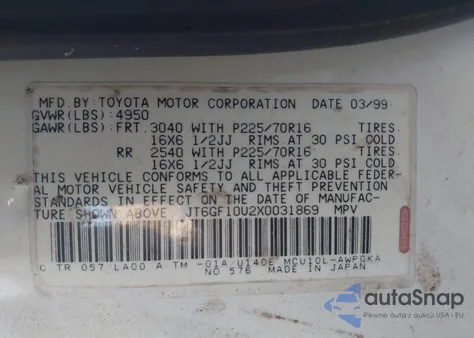 1999 Lexus Rx 300 из США, поврежденный, VIN JT6GF10U2X0031869